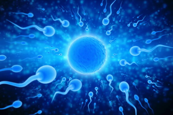 Imagem ilustrativa de vários espermatozoides indo até um óvulo que está no centro. A imagem é azul com tons de branco.