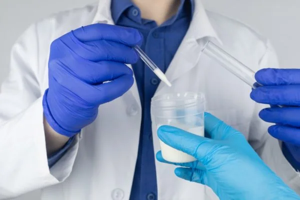 Médico coletando esperma com uma pipeta para transferir para um tubo de ensaio.