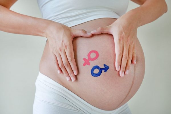 Símbolo dos gêneros masculino e feminino pintados à tinta na barriga de uma mulher grávida.