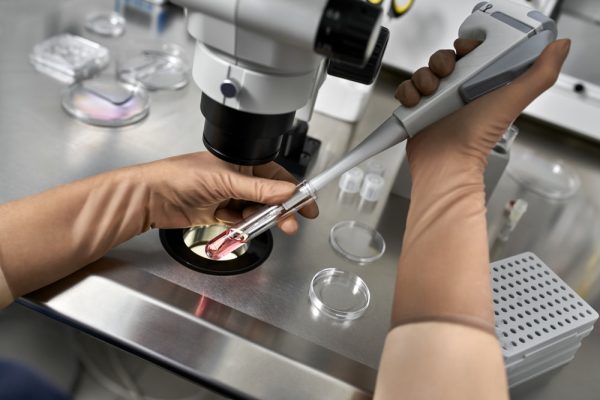Especialista em luvas de látex marrom tira material do tubo de ensaio durante o processo de fertilização in vitro no laboratório de fertilização in vitro.
