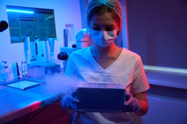 Médica segurando caixa de armazenamento de embriões congelados, simbolizando por quanto tempo o embrião pode ficar congelado