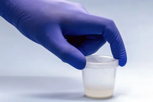 Mão com luva segurando recipiente com esperma representando coleta para espermograma.