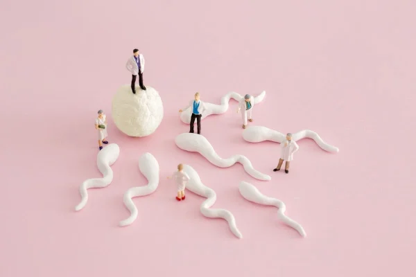 Ilustração com equipe médica, espermatozoides e óvulo representando o funil da FIV.