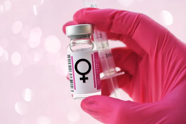 Médica com luva segurando seringa e frasco de hormônio feminino ilustrando o risco da progesterona baixa na FIV causar falha de implantação.