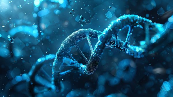 Cadeia de DNA com visual futurista ilustrando o exame genético PGT-M.