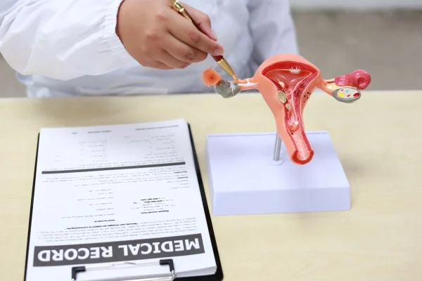 Médico usando modelo anatômico para ilustrar o risco de gravidez ectópica na FIV.