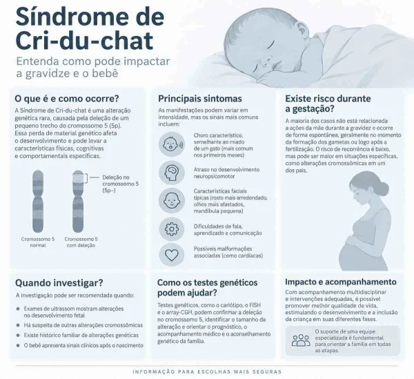 Infográfico médico com informações sobre a Síndrome de Cri-du-chat.